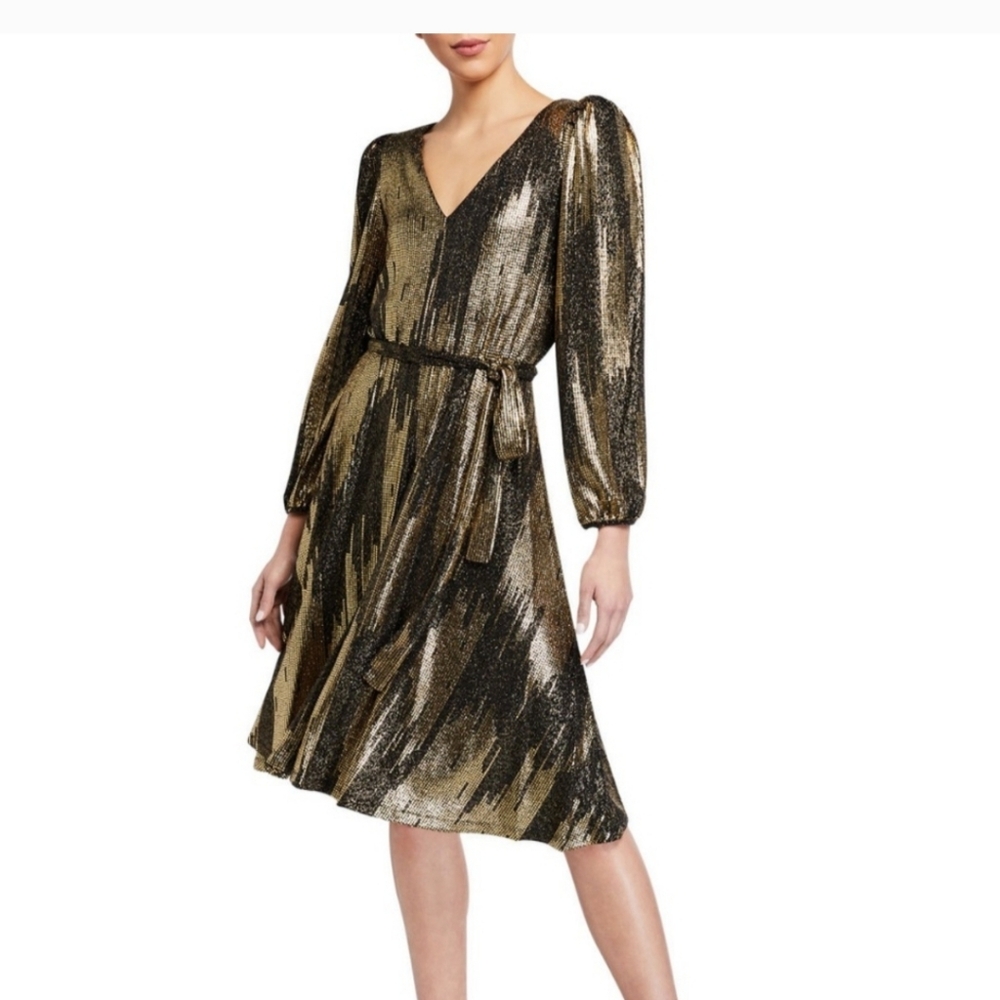 Gold Black Metallic Belted Elastic Waist Lined Dress 12 Stretch Formal Party
